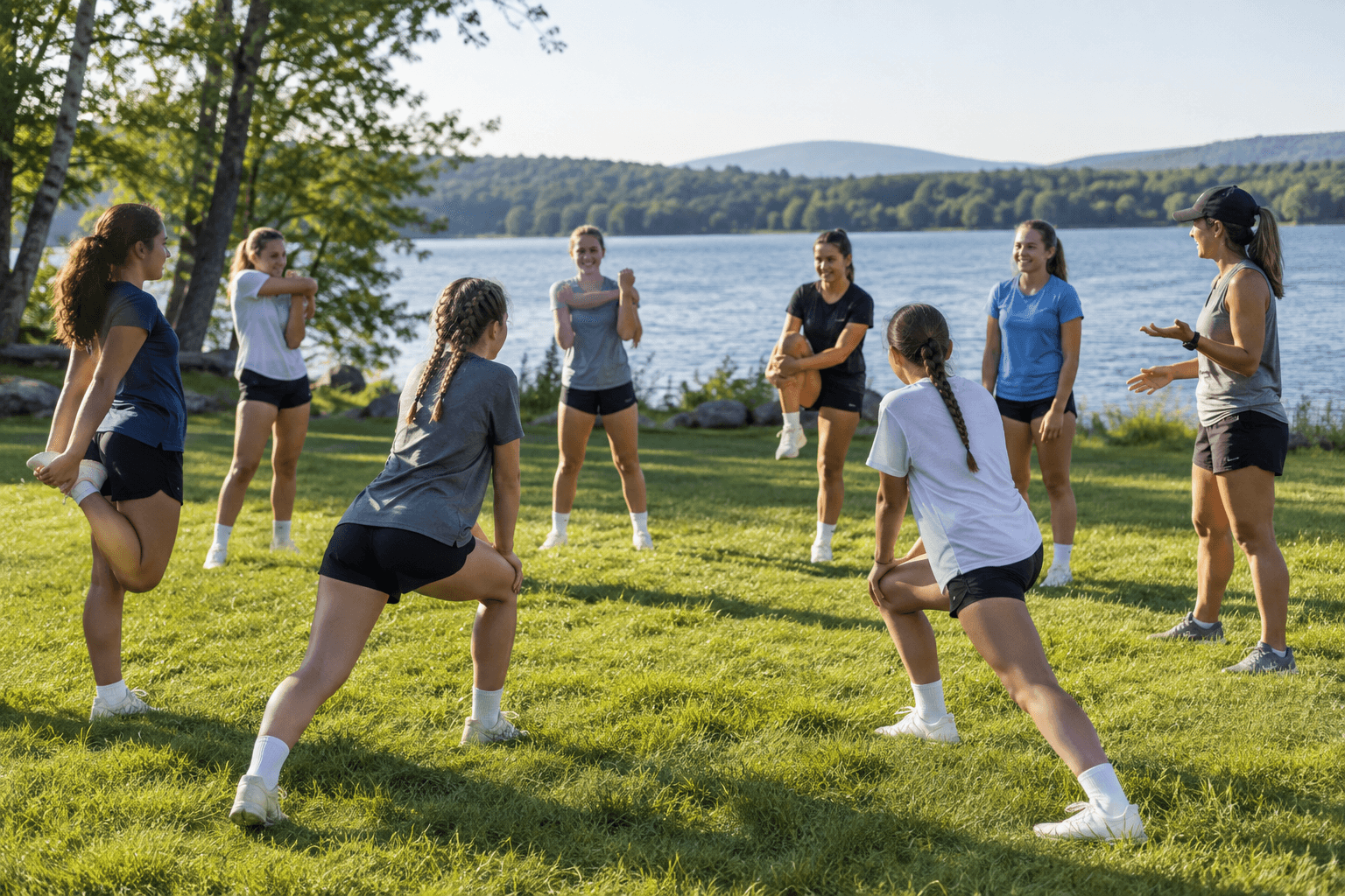 Teen volleyball campers warming up together by the lake
